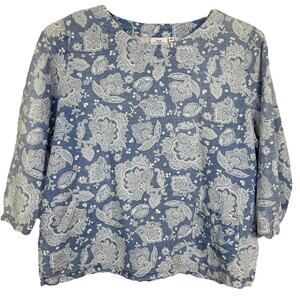 Hot Cotton Linen Blend Top Women's M Blue Floral Boxy Boho Tropical Beach Resort